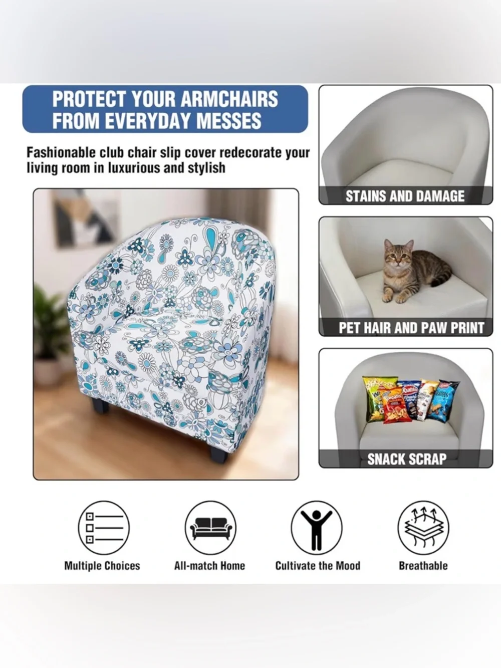 Floral Accent Tub Chair cover in White and Teal